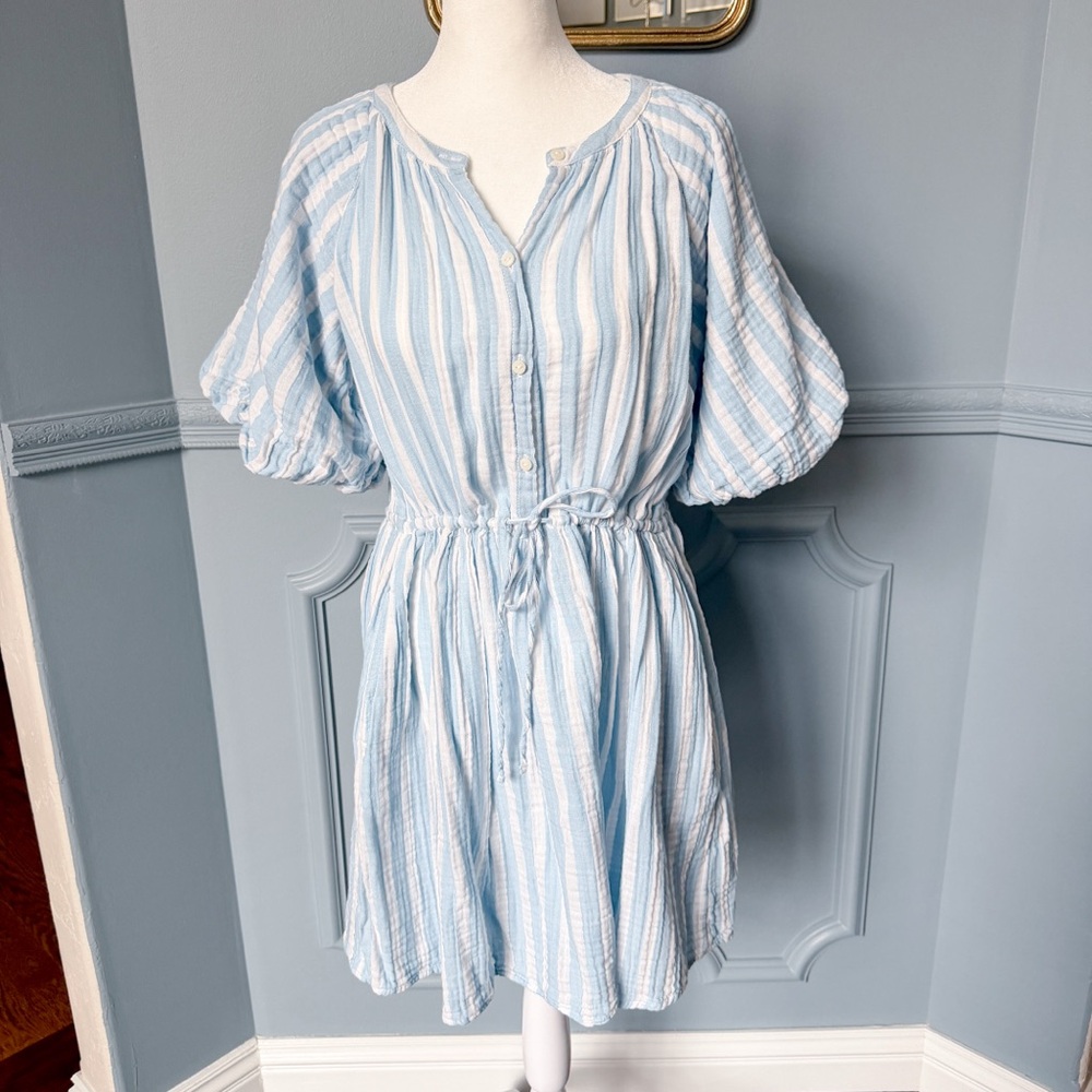Blue and white striped gauze cotton dress with puff sleeves